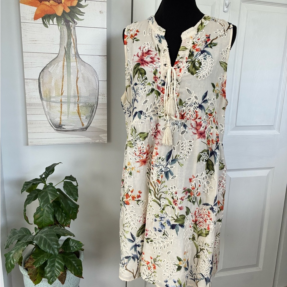 Jade by Johnny Was Cream and Green Floral Sleeveless Mini Dress